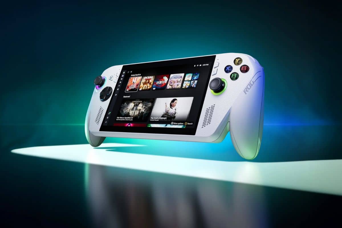 Console de jeu portable moderne avec écran allumé.