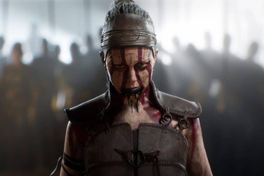 Personnage de jeu vidéo avec peintures de guerre.