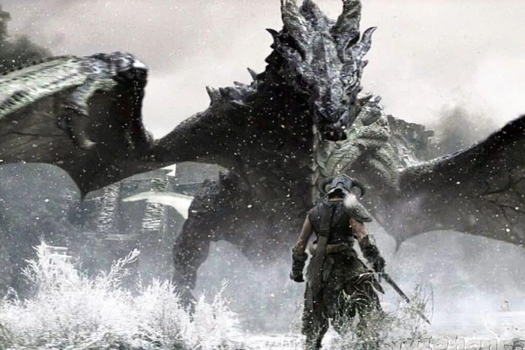 Guerrier combat un dragon sous la neige.