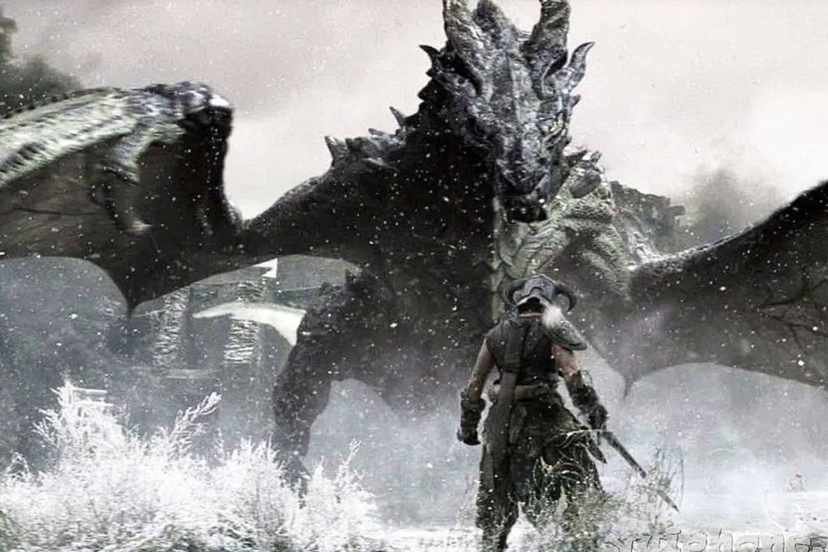 Guerrier combat un dragon sous la neige.