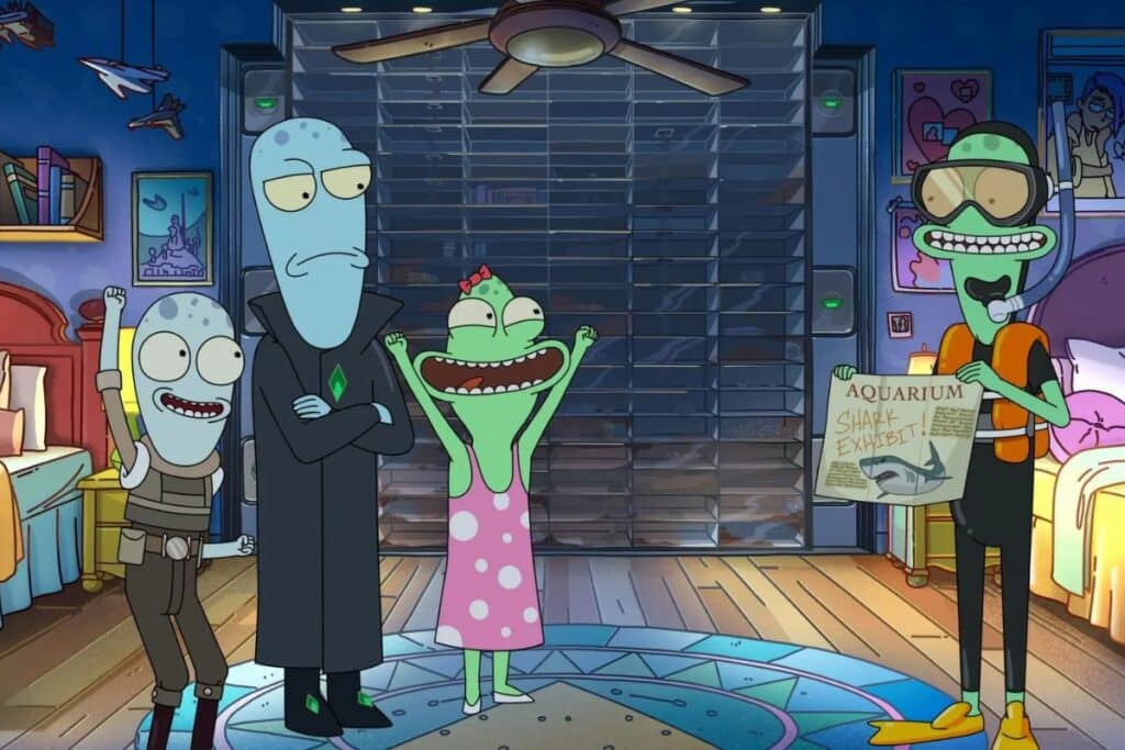 Personnages animés extraterrestres discutant d'une exposition d'aquarium.