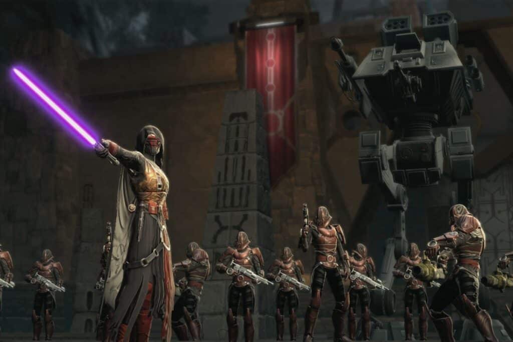 Guerrier avec sabre laser et soldats.