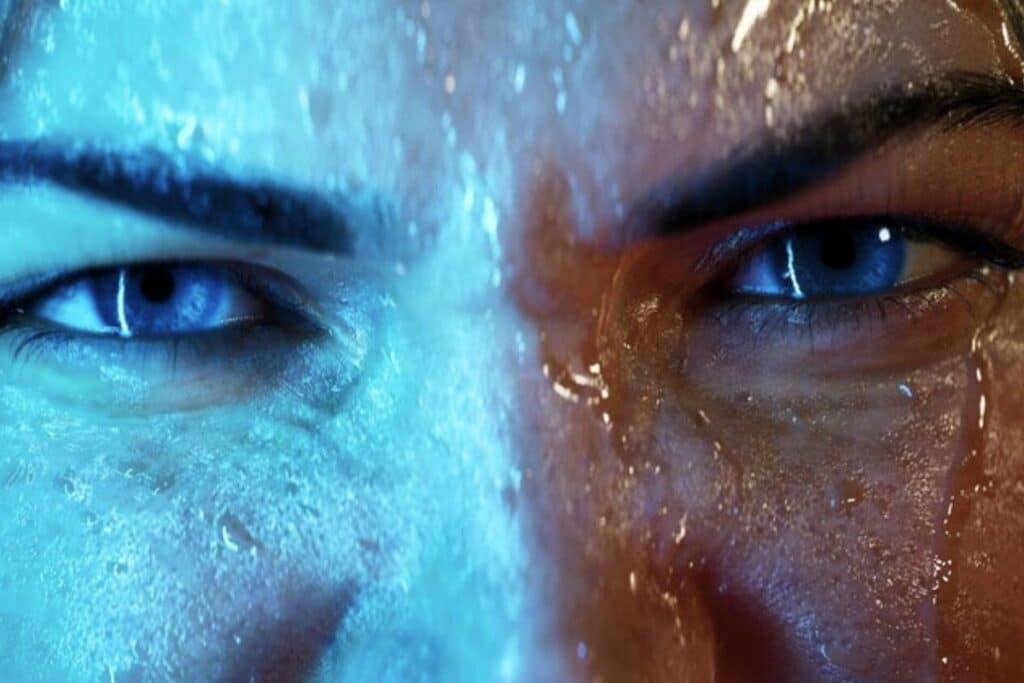 Visage avec yeux perçants et sueur.