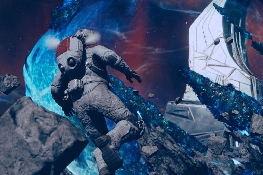 Astronaute dans l'espace devant un vortex bleu.