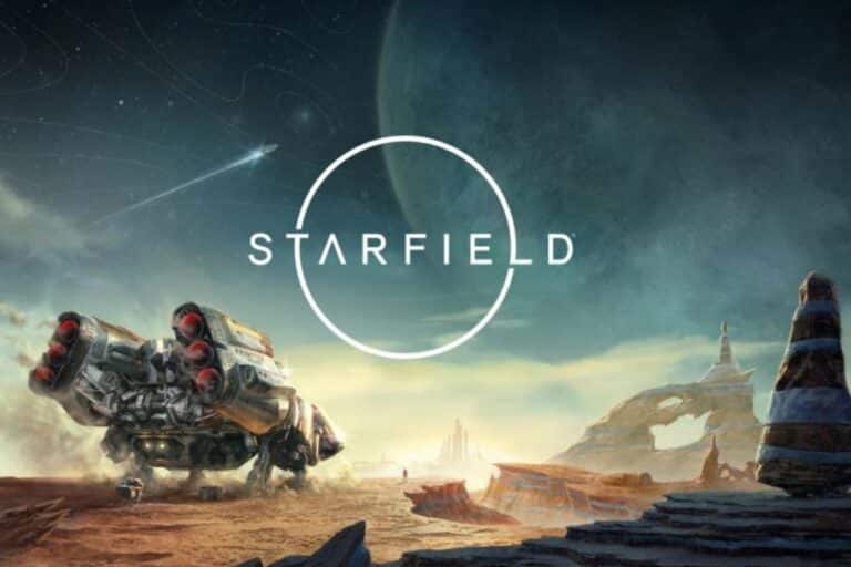 Vaisseau spatial sur planète extraterrestre sous le logo Starfield.