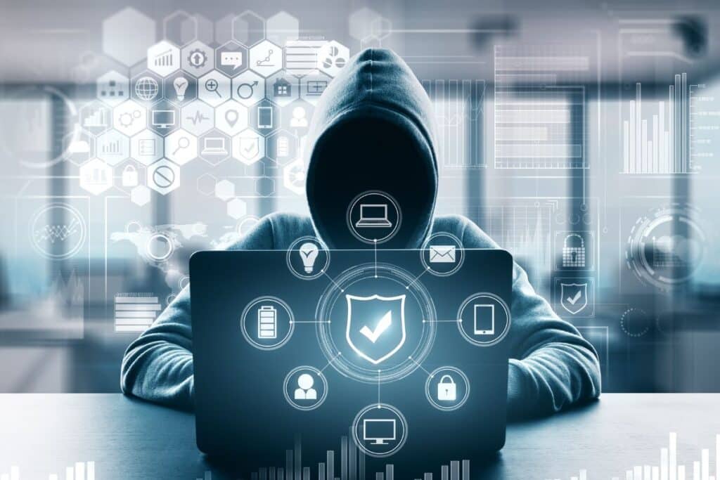 Personne masquée travaillant sur un ordinateur, icônes de sécurité.