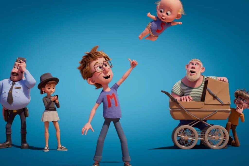 Personnage anime un bébé volant, trois adultes regardent.