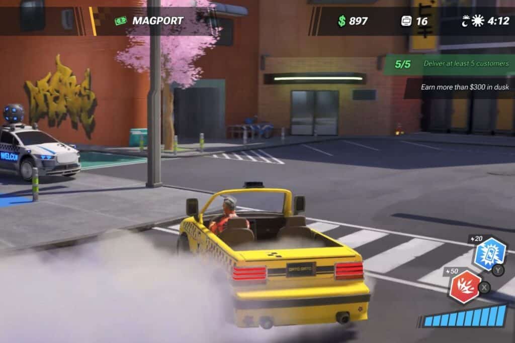 Voiture jaune dans un jeu vidéo urbain.