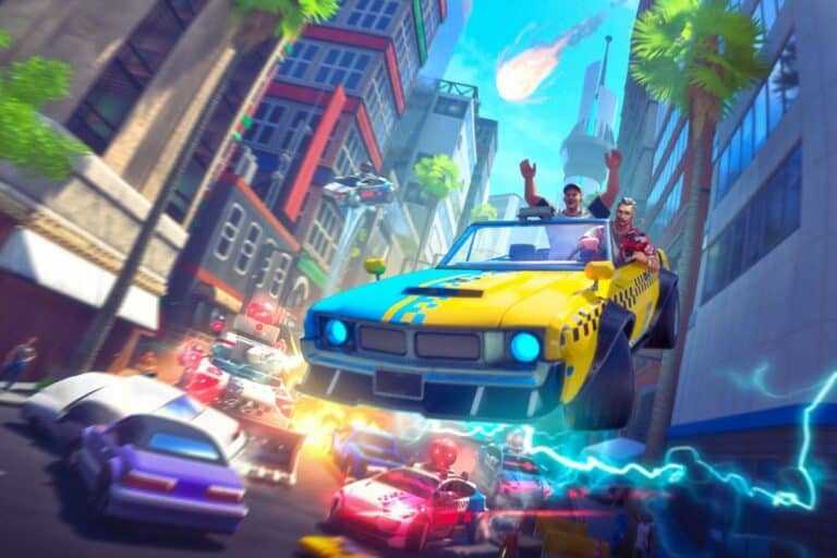 Voiture volante dans une course urbaine animée.