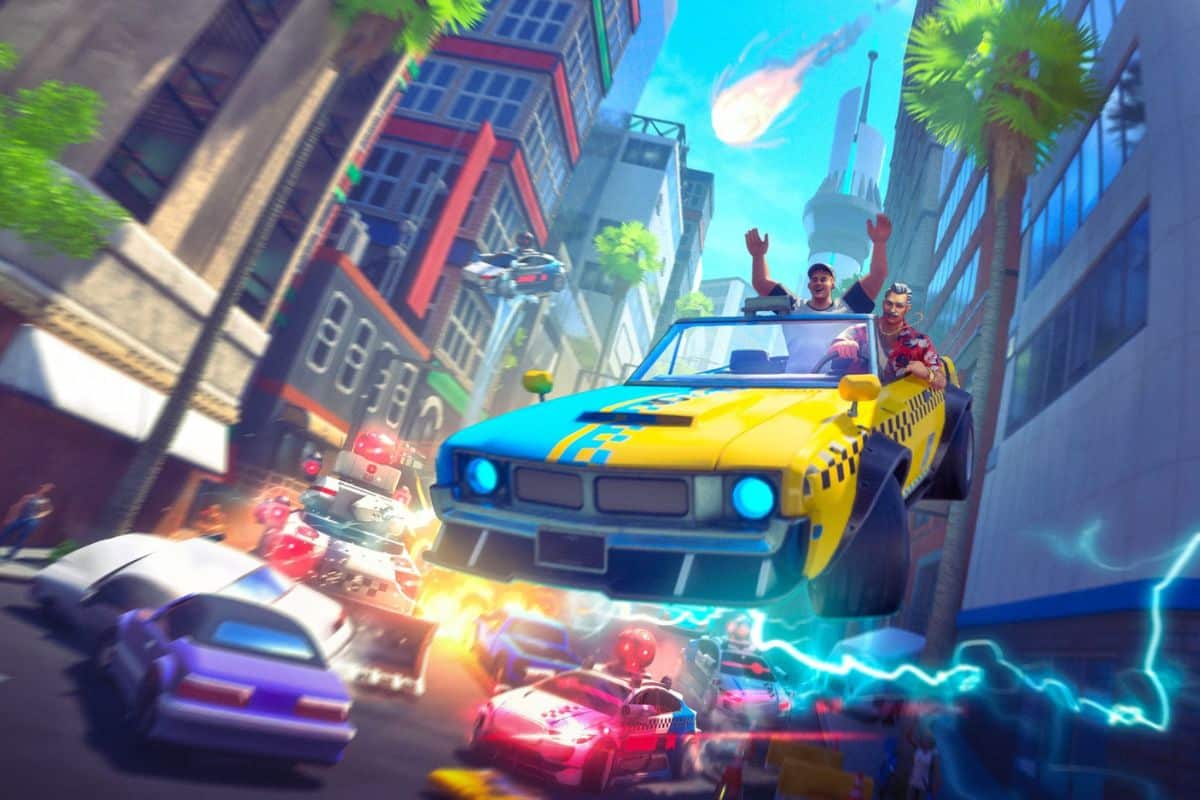 Voiture volante dans une course urbaine animée.