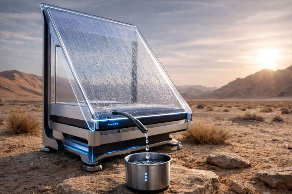 Appareil solaire récoltant l'eau dans le désert.