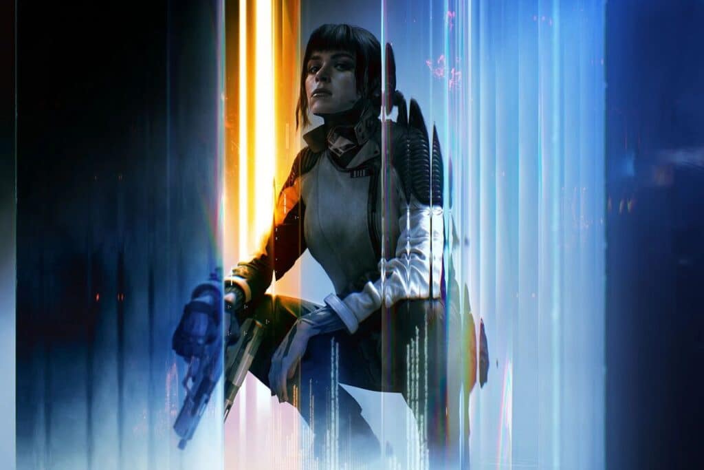 Femme en tenue futuriste avec arme et effets lumineux.