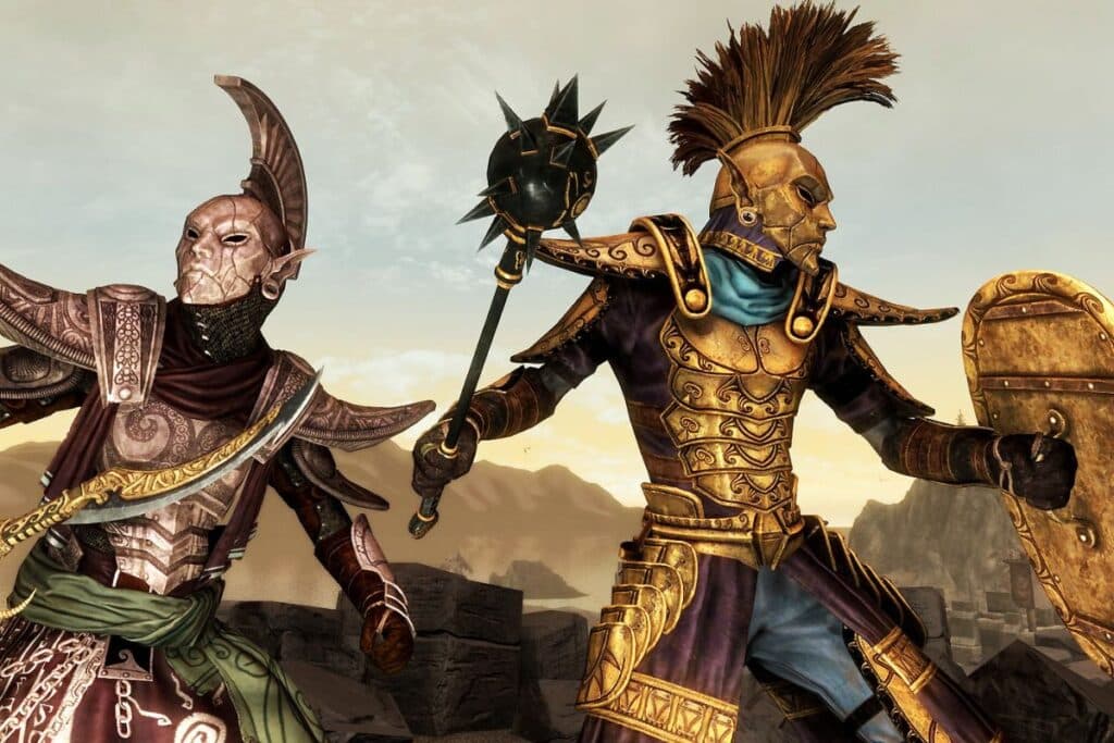 Guerriers en armure dans un paysage désertique.