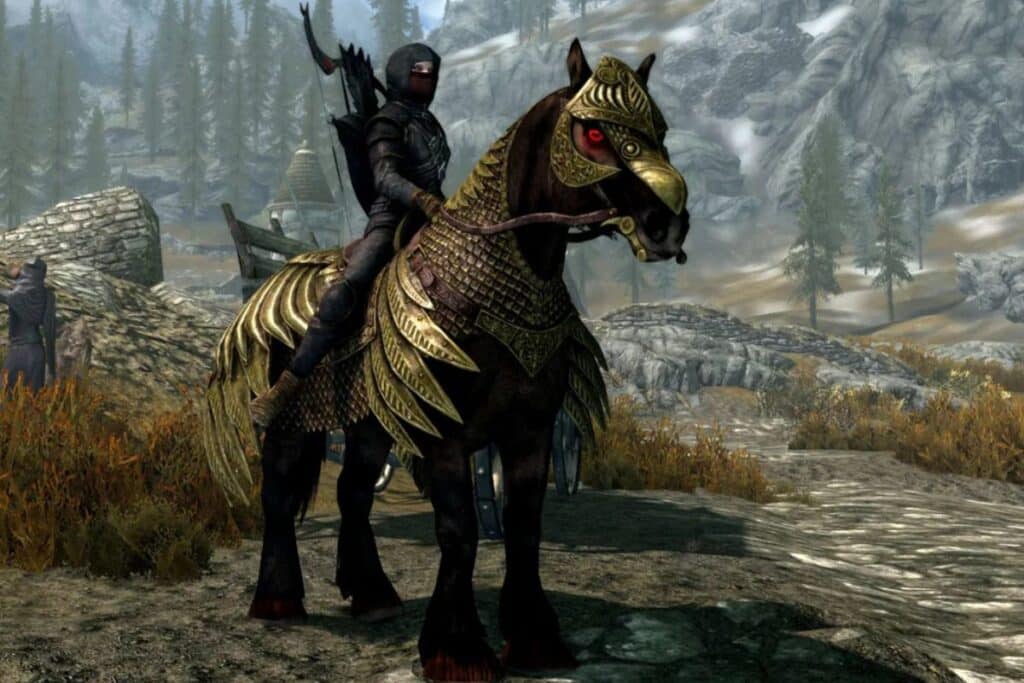 Cavalier médiéval sur cheval armuré, paysage montagneux.