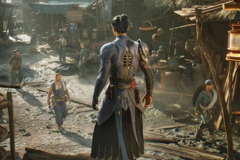 Personnage en armure dans un marché médiéval animé.