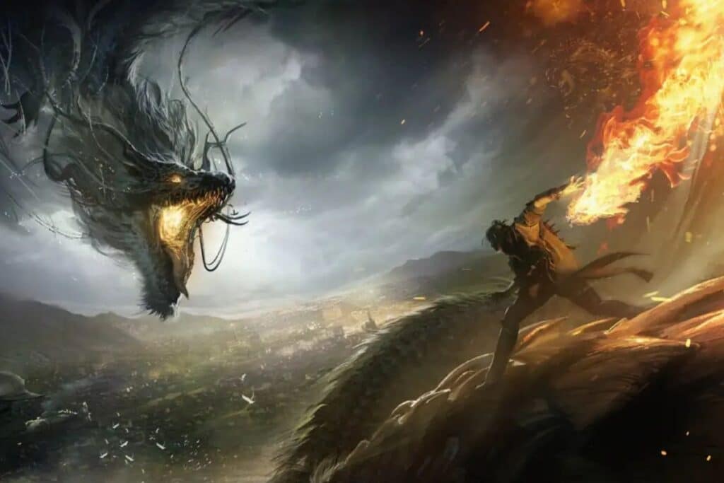 Combat épique entre dragon et magicien enflammé.