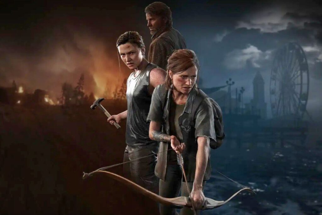 Personnages de jeu vidéo avec armes devant paysages contrastés.