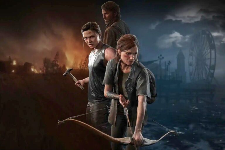 Personnages de jeu vidéo avec armes devant paysages contrastés.