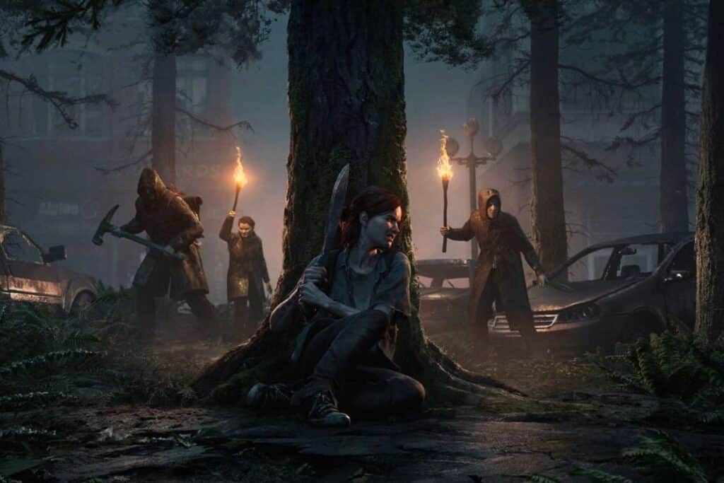 Personne cachée derrière un arbre, poursuivie par ennemis armés.