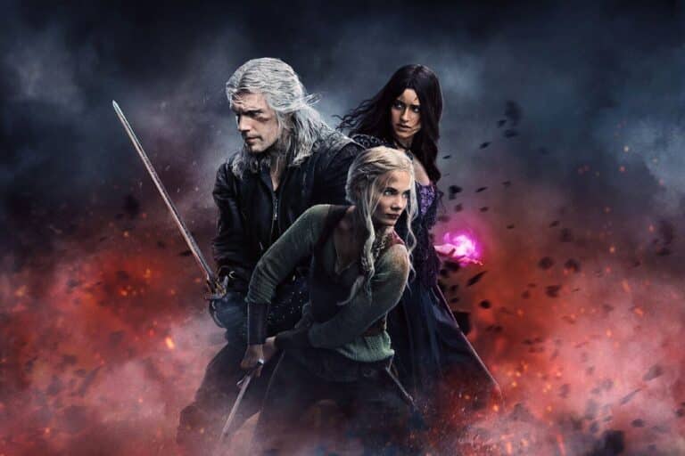 Trois personnages avec épée et magie, fond dramatique.