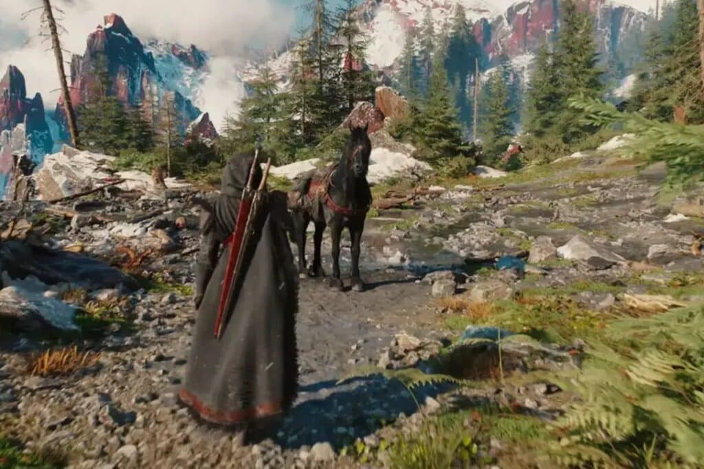 Personnage avec cheval dans paysage montagneux enneigé.