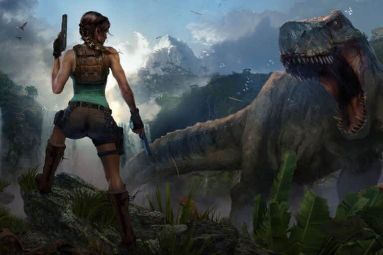 Aventurière armée face à un dinosaure menaçant.