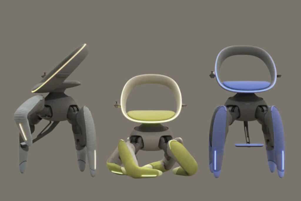 Trois robots modernes avec assises colorées et jambes articulées.