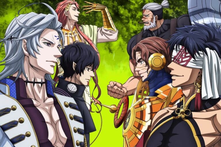 Six guerriers en tenue de combat dessin animé.