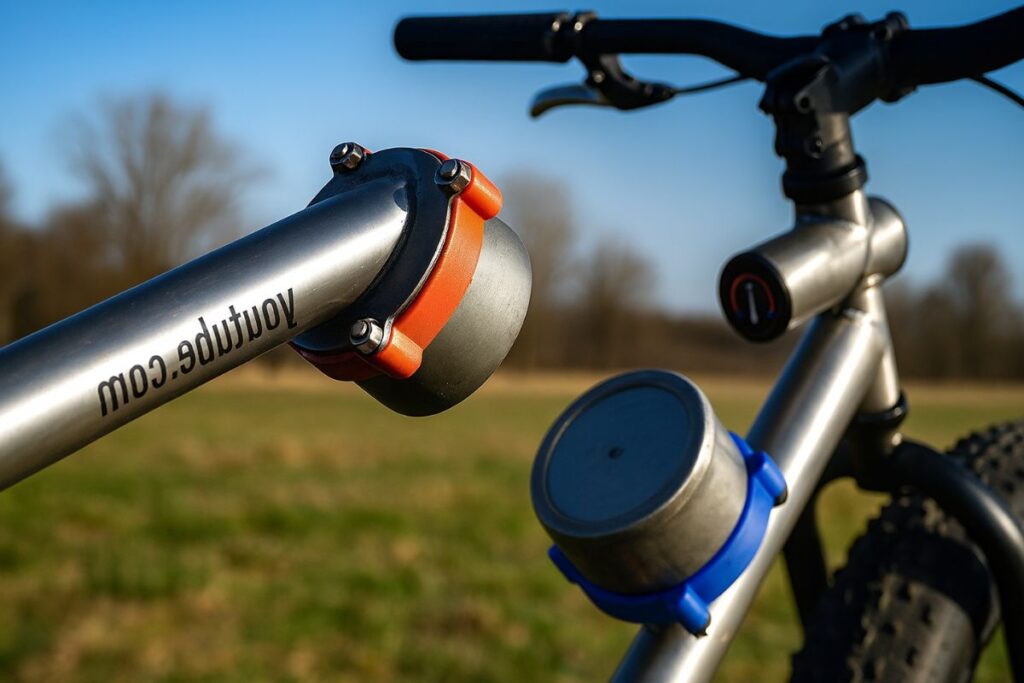 Détails tubes vélo avec équipements métalliques et colorés.