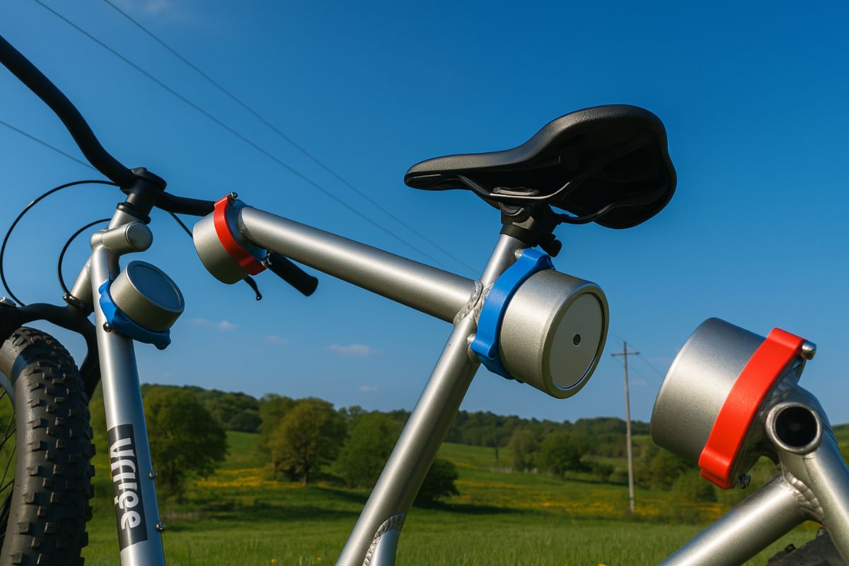 Vélo argenté avec des accessoires colorés, ciel bleu.