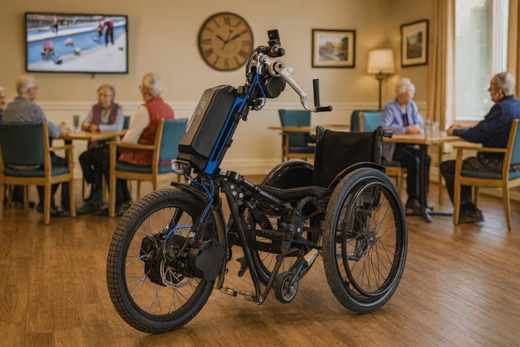 Fauteuil roulant électrique dans une salle commune.