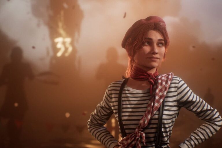 Personnage en tenue rayée, ambiance floue artistique.