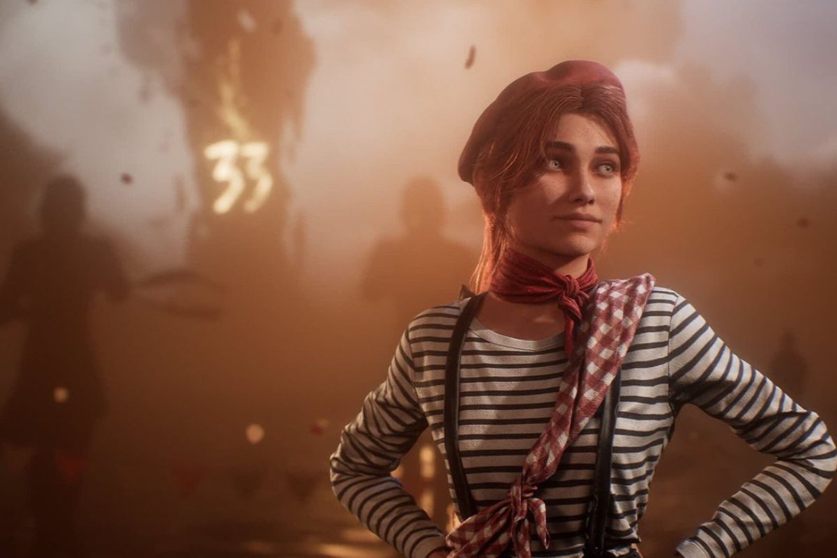 Personnage en tenue rayée, ambiance floue artistique.