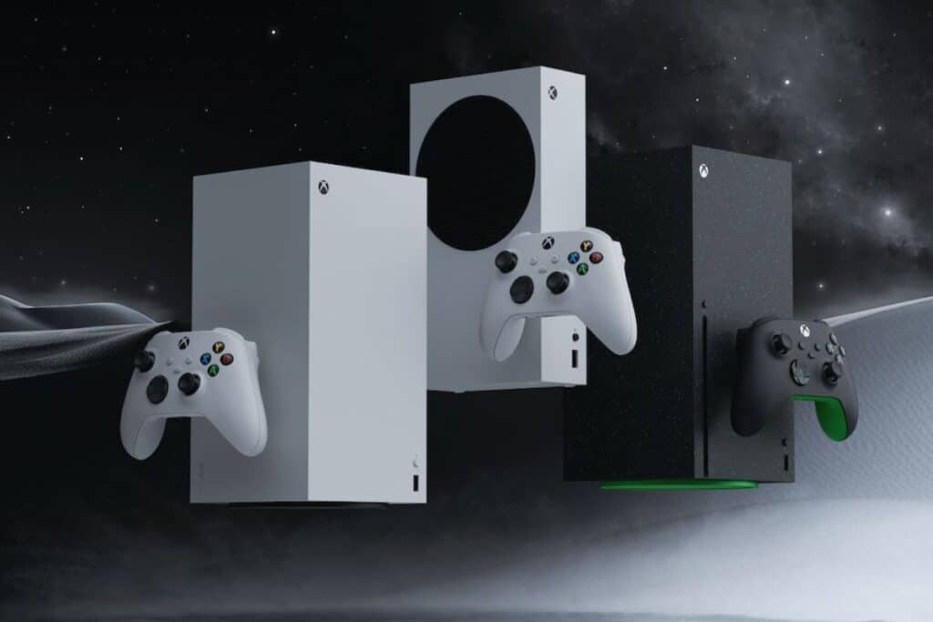 Trois consoles de jeu Xbox avec contrôleurs