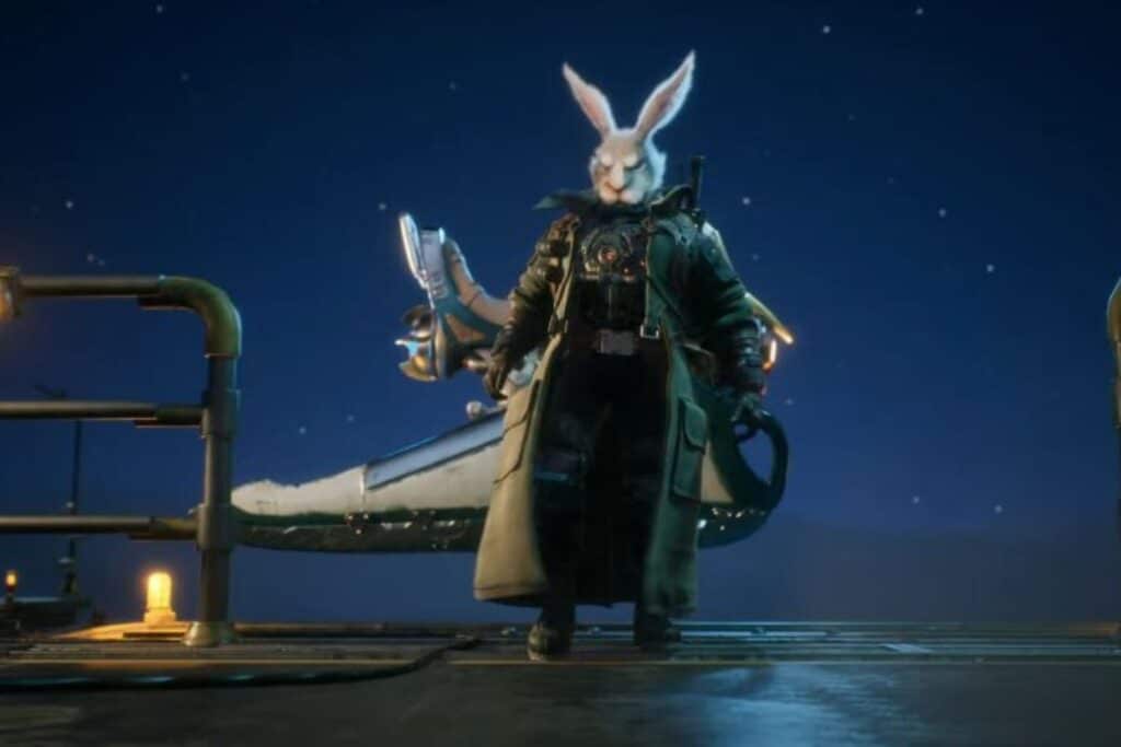 Lapin humanoïde en manteau, arme en main, nuit étoilée.