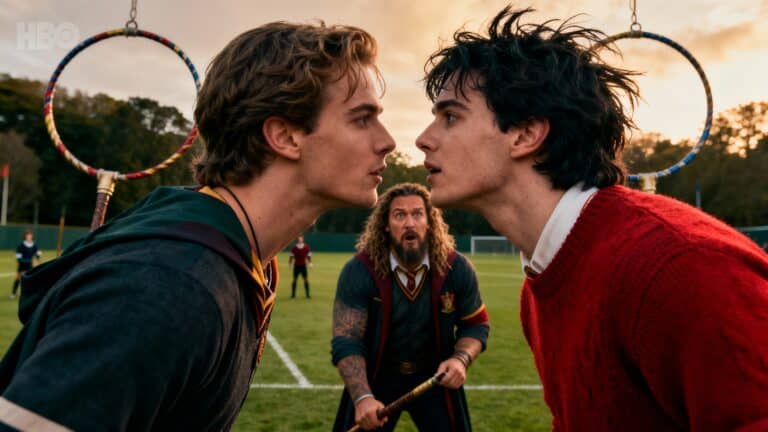 Deux joueurs de quidditch se défient sur le terrain.