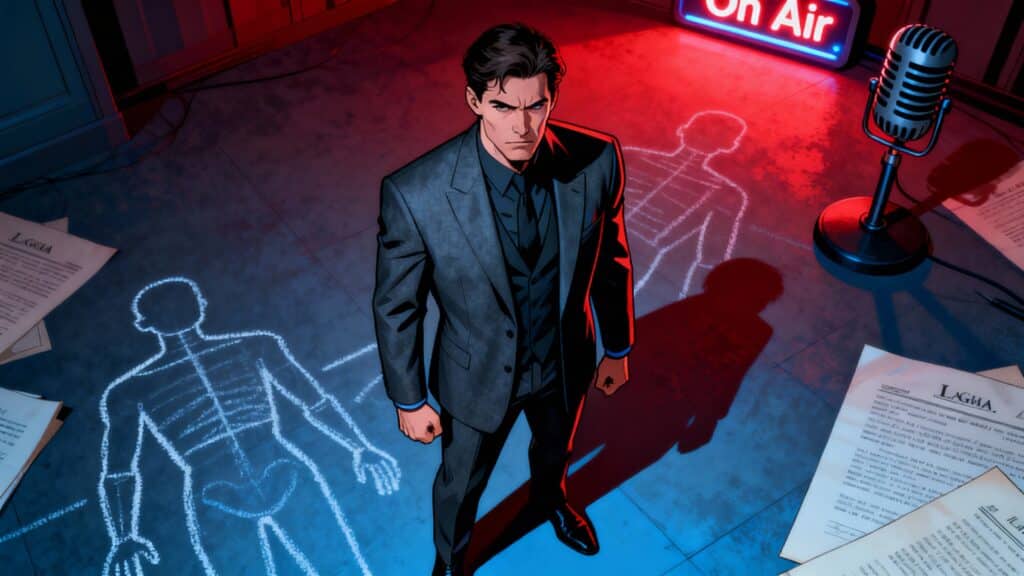 Homme en costume devant contours de silhouettes.