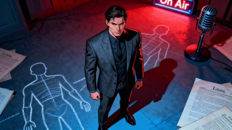 Homme en costume devant contours de silhouettes.