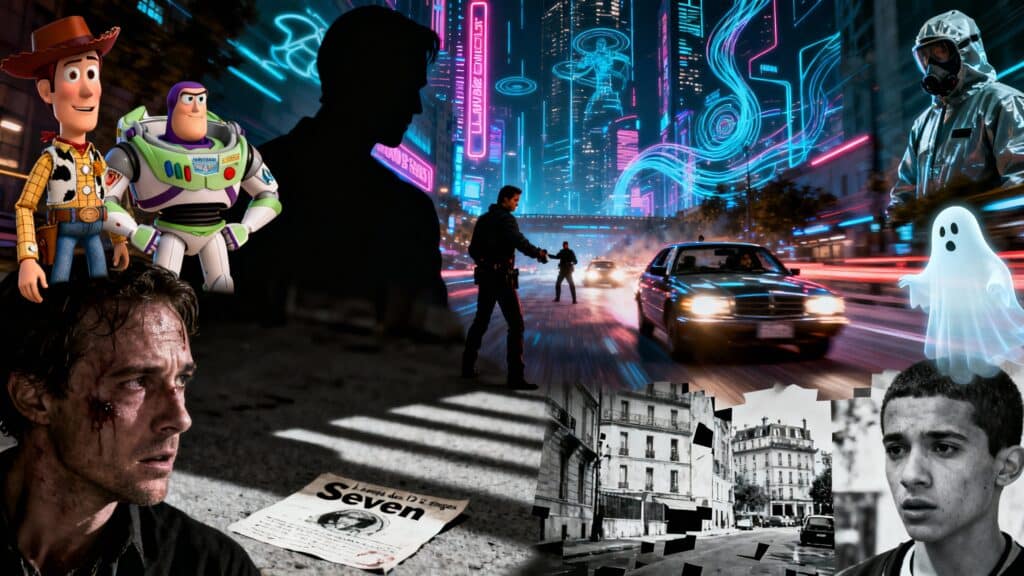 Collage de films, dessins animés et scène urbaine futuriste.