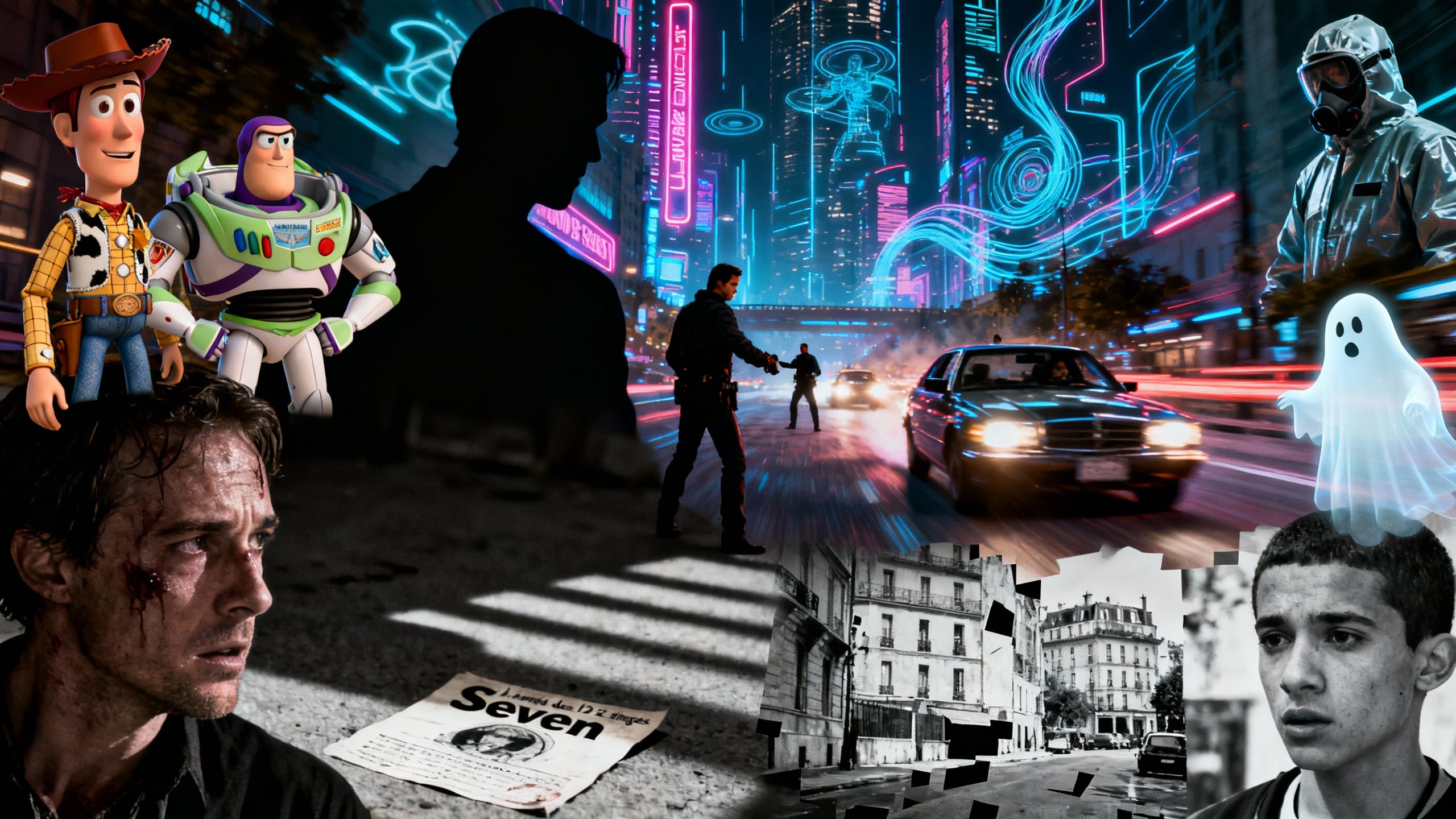 Collage de films, dessins animés et scène urbaine futuriste.