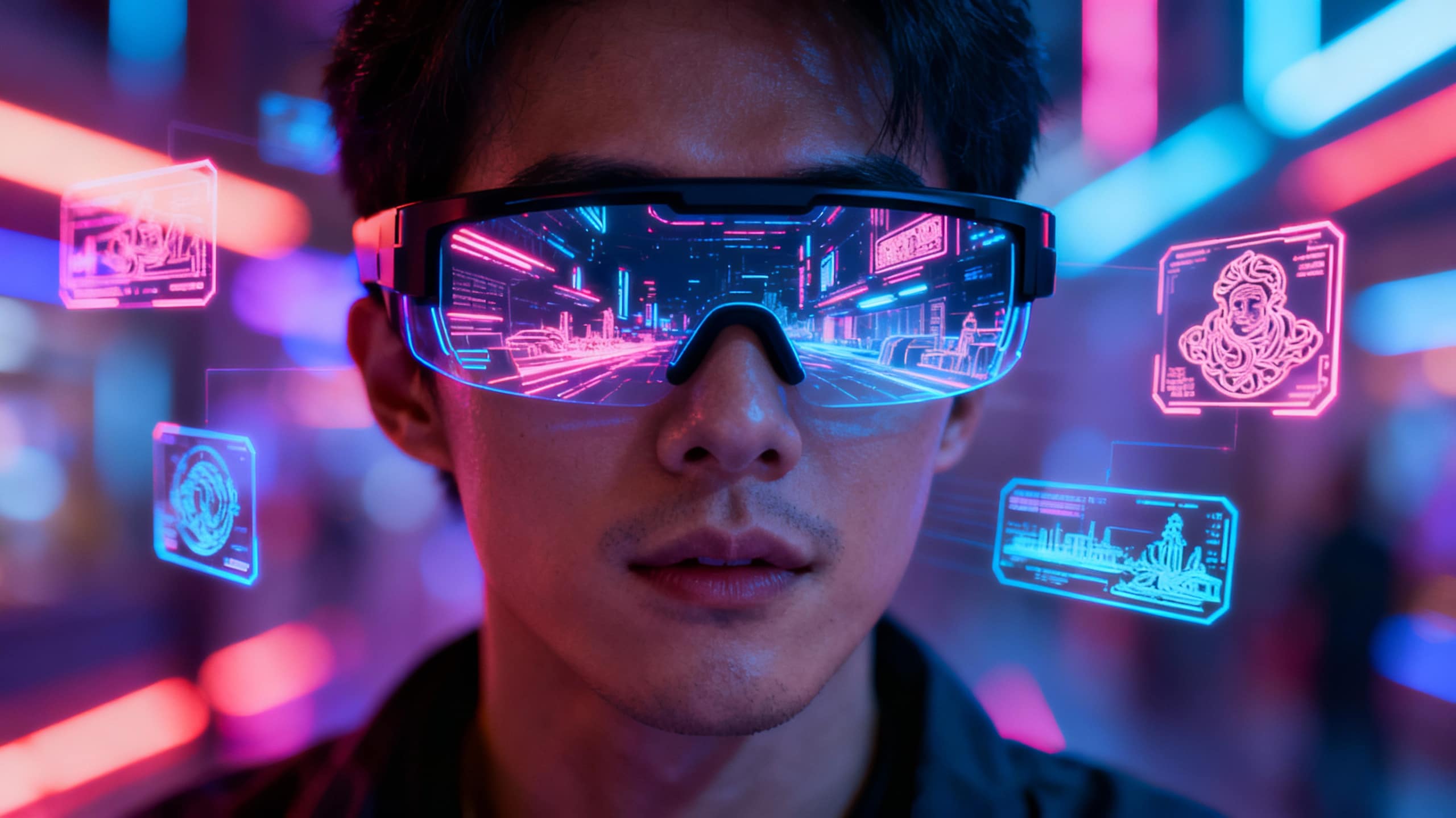 Homme avec lunettes réalité augmentée futuristes.