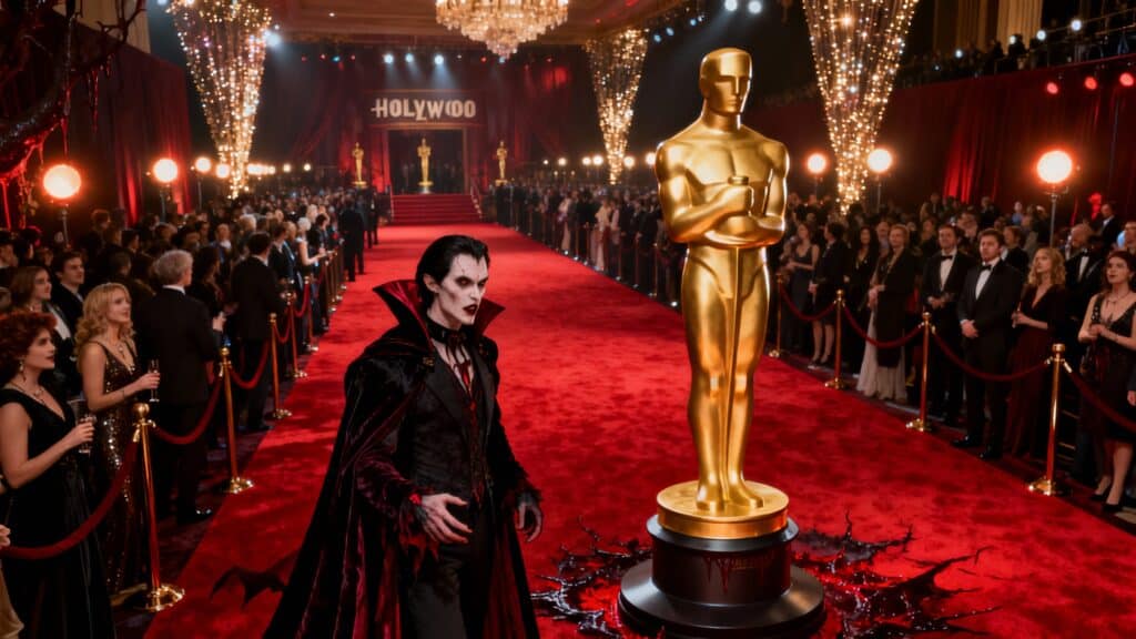 Vampire sur tapis rouge avec statue dorée.