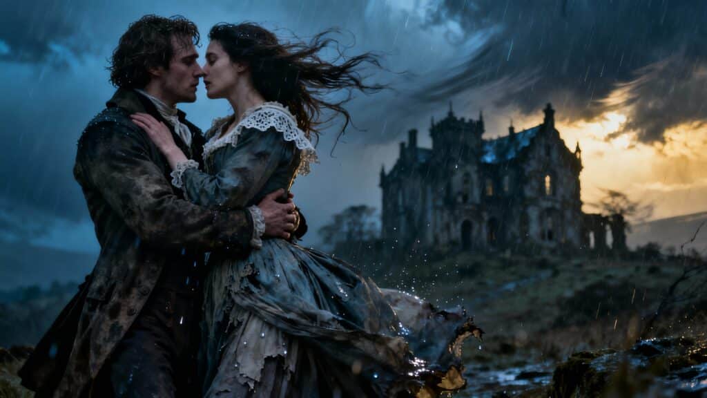 Couple s'embrassant sous la pluie devant manoir abandonné.