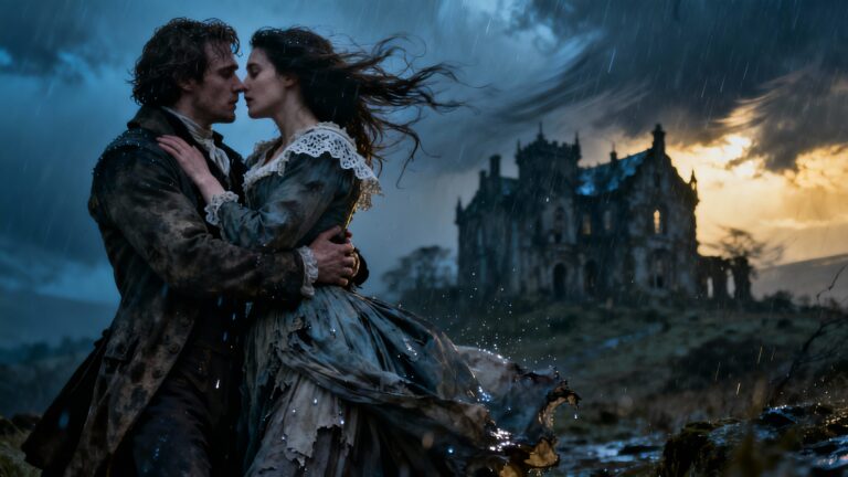 Couple s'embrassant sous la pluie devant manoir abandonné.