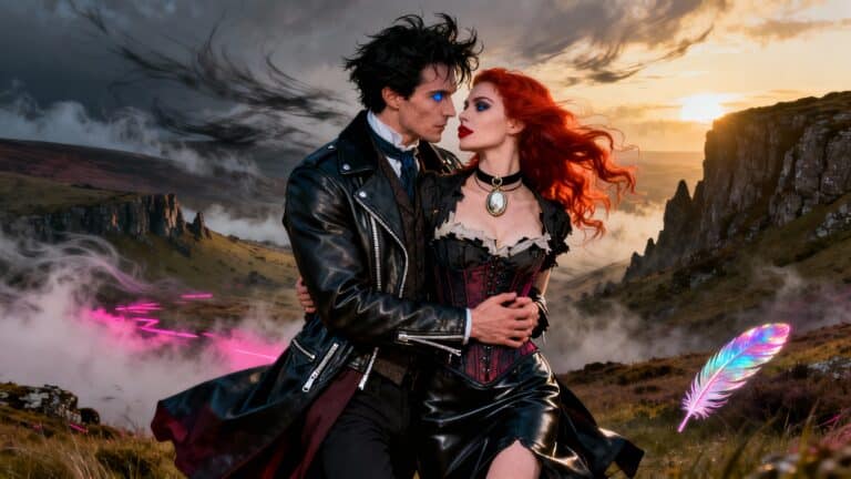 Couple gothique dans un paysage fantastique, lumineux et mystérieux.