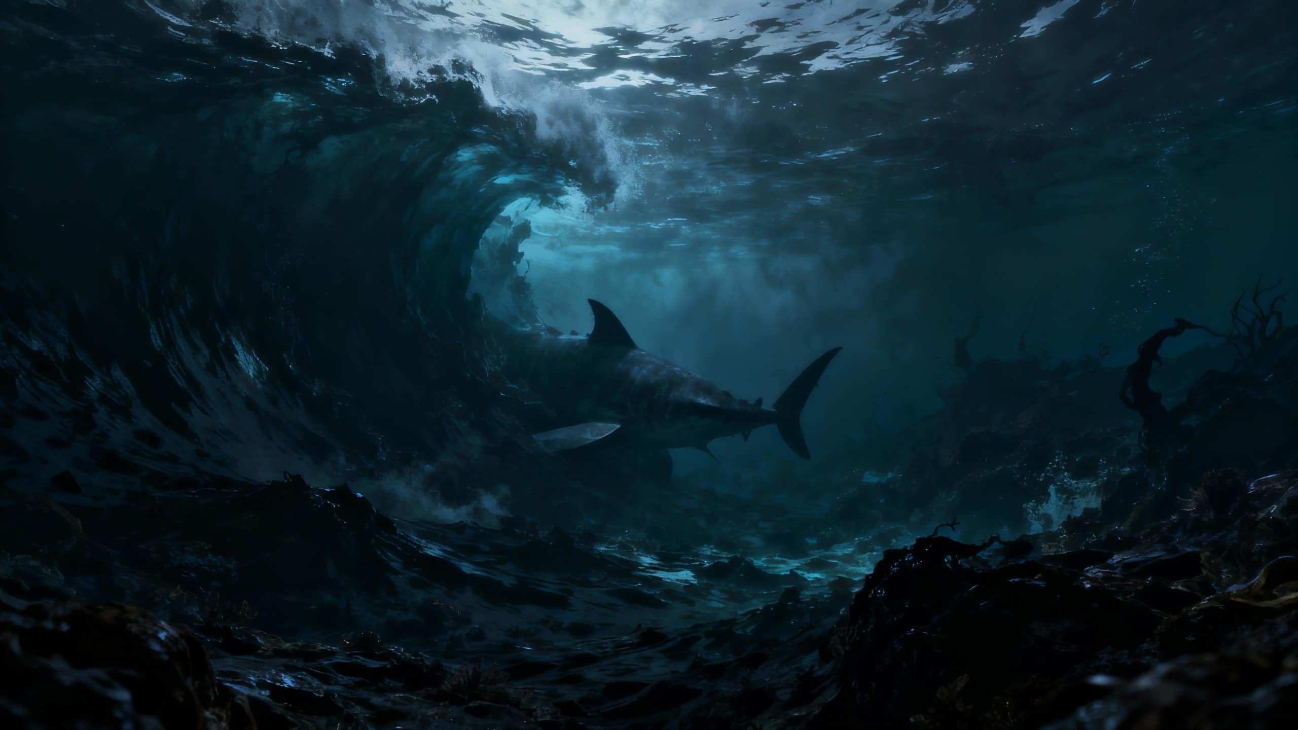 Requin nageant sous une vague océanique tumultueuse.