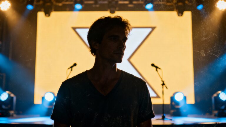 Silhouette d'homme sur scène avec éclairage lumineux.