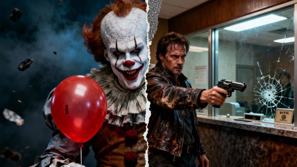 Clown maléfique et homme armé, ambiance sombre.