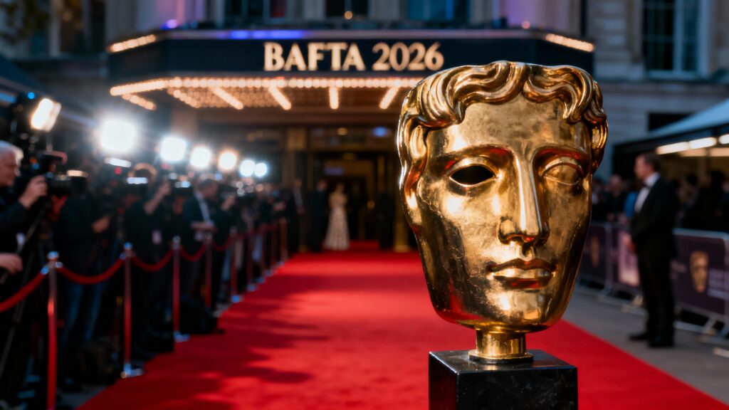 Trophée BAFTA 2026 sur tapis rouge.