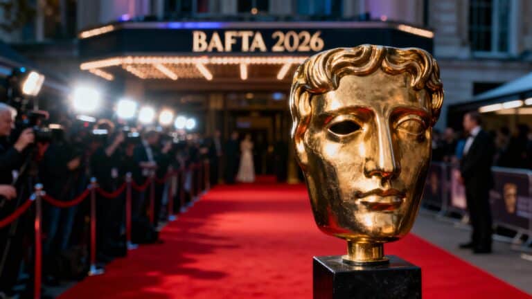 Trophée BAFTA 2026 sur tapis rouge.